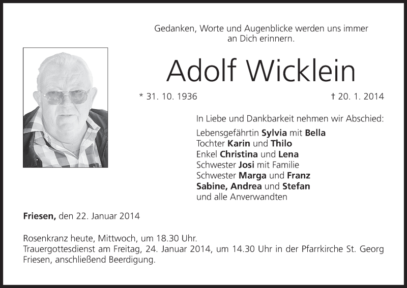  Traueranzeige für Adolf Wicklein vom 22.01.2014 aus MGO
