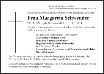 Anzeige von Margareta Schwender von MGO