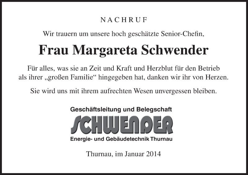  Traueranzeige für Margareta Schwender vom 23.01.2014 aus MGO