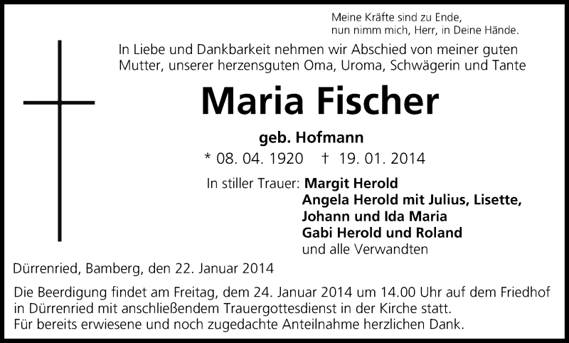  Traueranzeige für Maria Fischer vom 22.01.2014 aus MGO