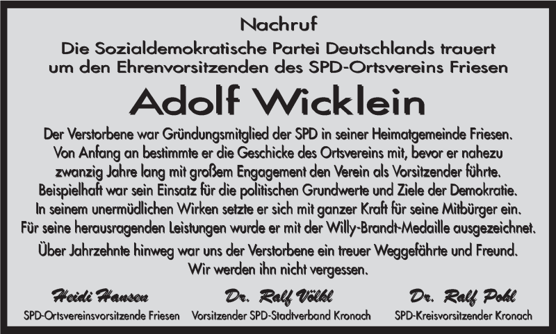  Traueranzeige für Adolf Wicklein vom 22.01.2014 aus MGO