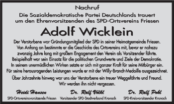 Anzeige von Adolf Wicklein von MGO