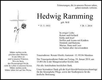 Anzeige von Hedwig Ramming von MGO