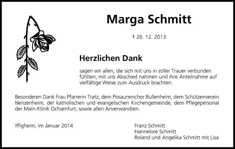  Traueranzeige für Marga Schmitt vom 25.01.2014 aus MGO