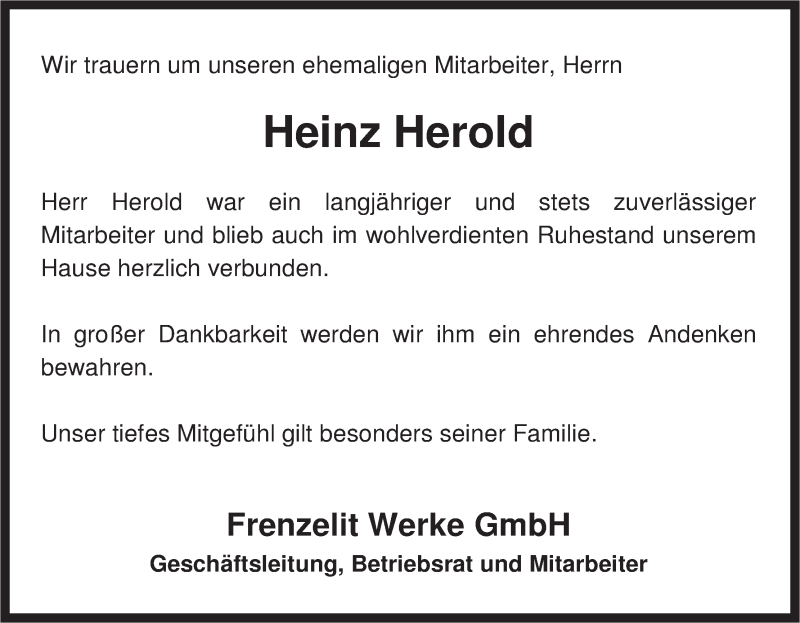  Traueranzeige für Heinz Herold vom 22.01.2014 aus MGO