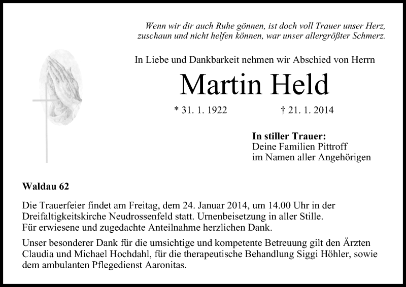  Traueranzeige für Martin Held vom 22.01.2014 aus MGO