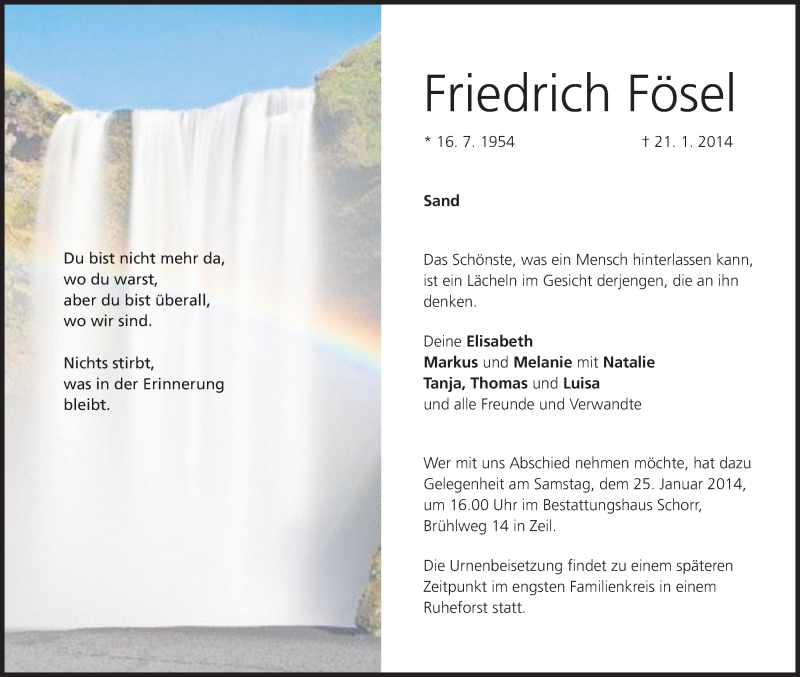  Traueranzeige für Friedrich Fösel vom 23.01.2014 aus MGO