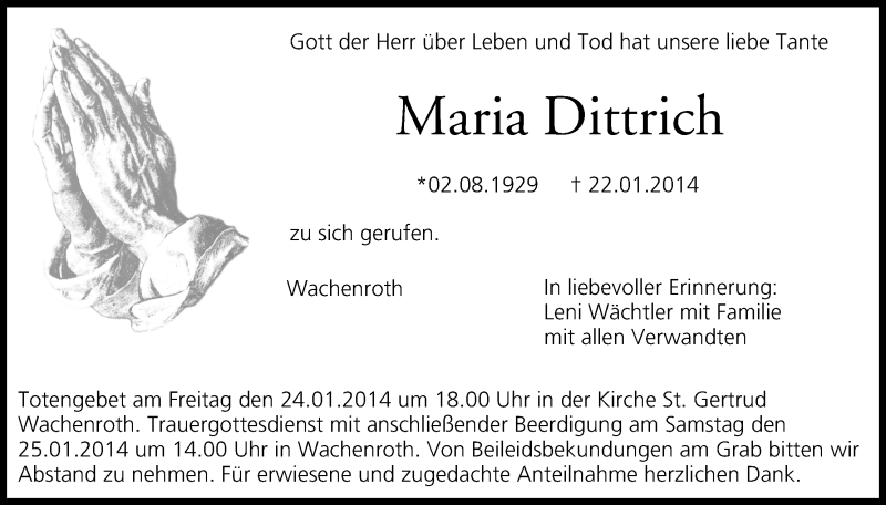  Traueranzeige für Maria Dittrich vom 23.01.2014 aus MGO