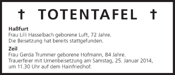 Anzeige von Totentafel vom 24.01.2014 von MGO