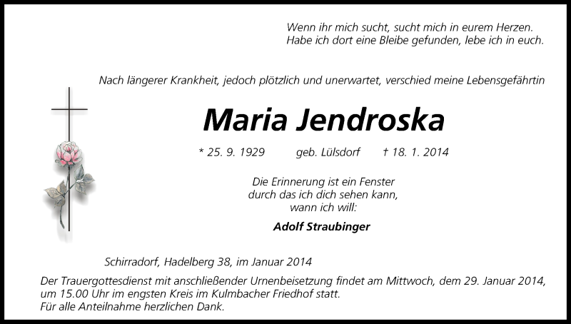  Traueranzeige für Maria Jendroska vom 25.01.2014 aus MGO