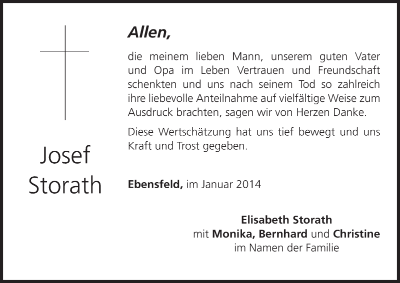  Traueranzeige für Josef Storath vom 25.01.2014 aus MGO