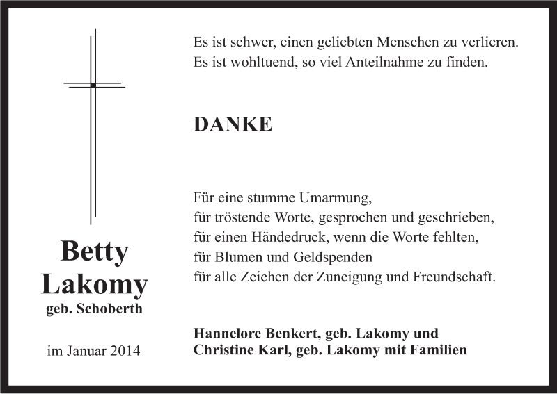 Traueranzeige für Betty Lakomy vom 25.01.2014 aus MGO