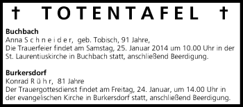 Anzeige von Totentafel vom 24.01.2014 von MGO