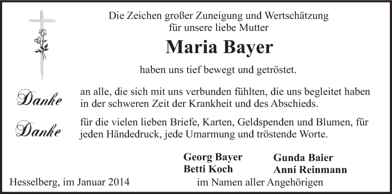  Traueranzeige für Maria Bayer vom 25.01.2014 aus MGO