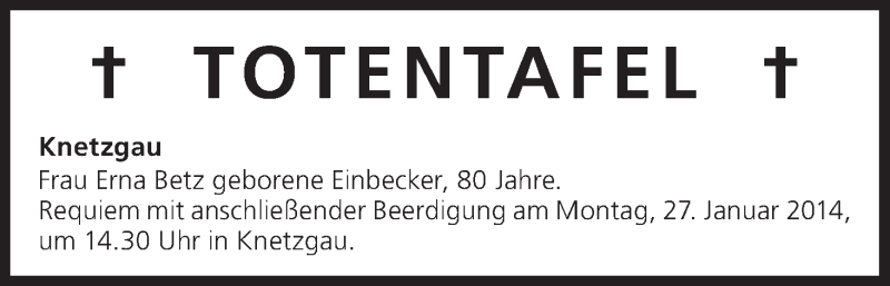 Traueranzeige für Totentafel vom 25.01.2014 vom 25.01.2014 aus MGO