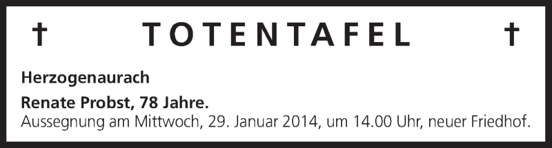  Traueranzeige für Totentafel vom 28.01.2014 vom 28.01.2014 aus MGO