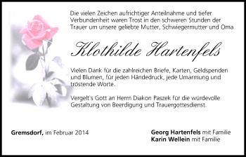 Anzeige von Klothilde Hartenfels von MGO