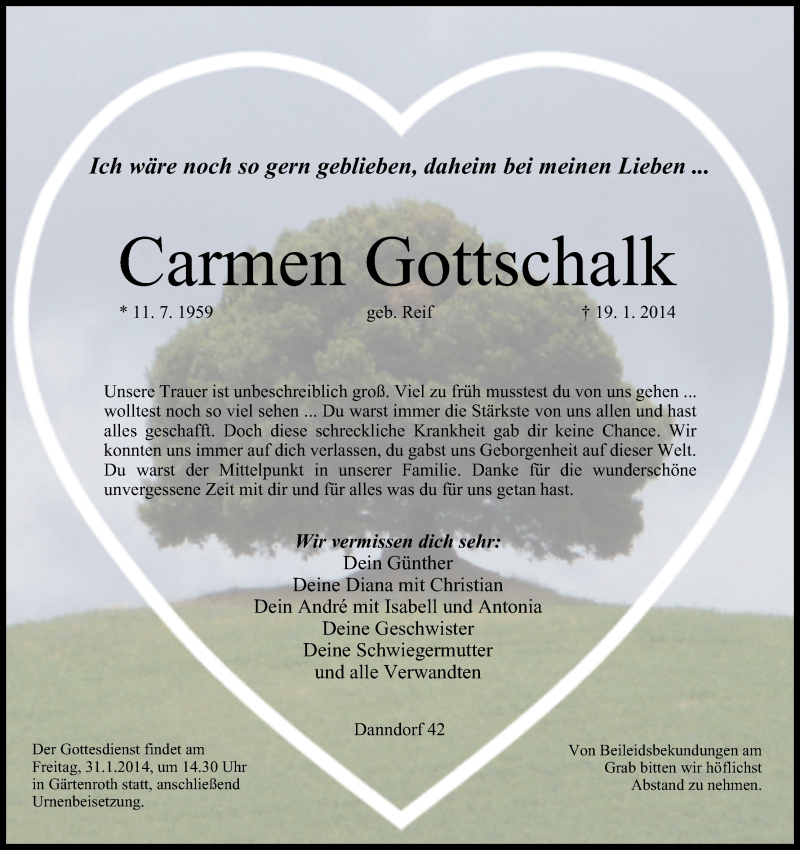  Traueranzeige für Carmen Gottschalk vom 29.01.2014 aus MGO