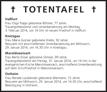 Anzeige von Totentafel vom 29.01.2014 von MGO