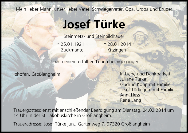  Traueranzeige für Josef Türke vom 31.01.2014 aus MGO