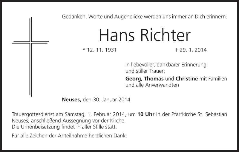  Traueranzeige für Hans Richter vom 30.01.2014 aus MGO