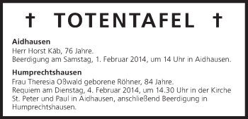 Anzeige von Totentafel vom 01.02.2014 von MGO