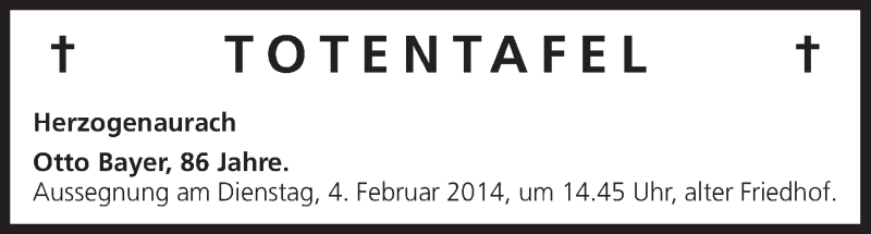  Traueranzeige für Totentafel vom 01.02.2014 vom 01.02.2014 aus MGO