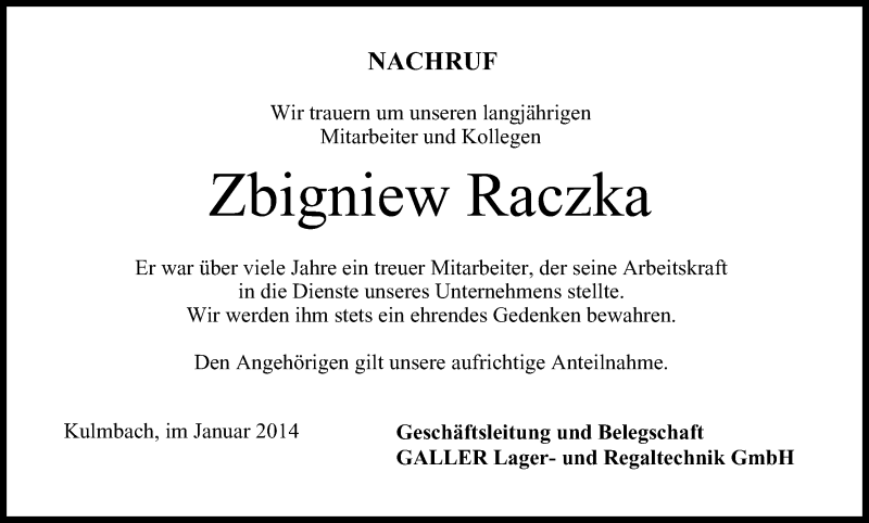  Traueranzeige für Zbigniew Raczka vom 31.01.2014 aus MGO