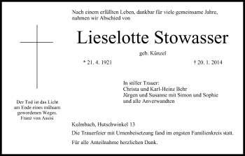Anzeige von Lieselotte Stowasser von MGO