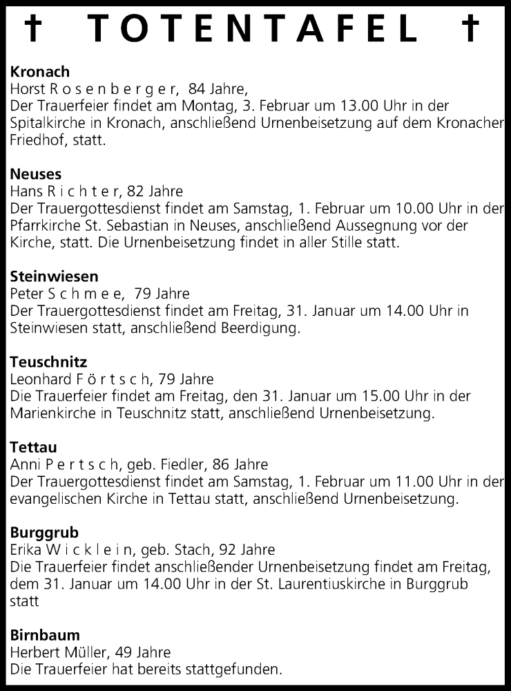  Traueranzeige für Totentafel vom 31.01.2014 vom 31.01.2014 aus MGO