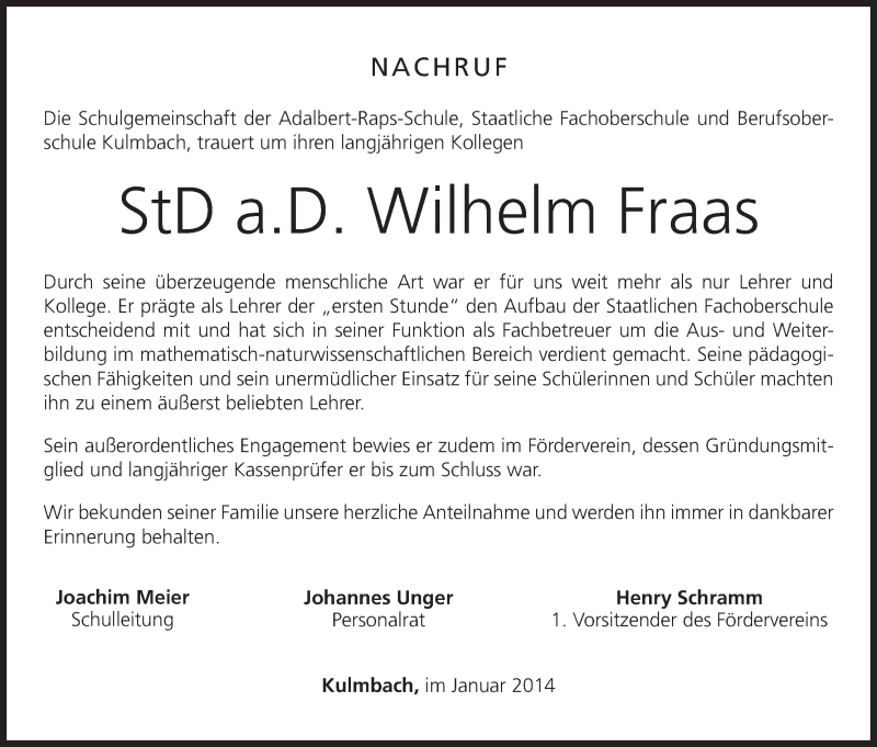  Traueranzeige für Wilhelm Fraas vom 01.02.2014 aus MGO