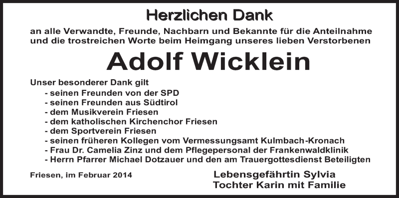  Traueranzeige für Adolf Wicklein vom 01.02.2014 aus MGO