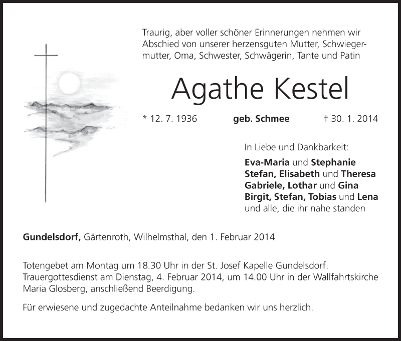  Traueranzeige für Agathe Kestel vom 01.02.2014 aus MGO