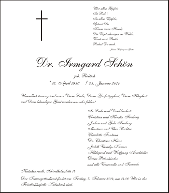 Anzeige von Irmgard Schön von MGO