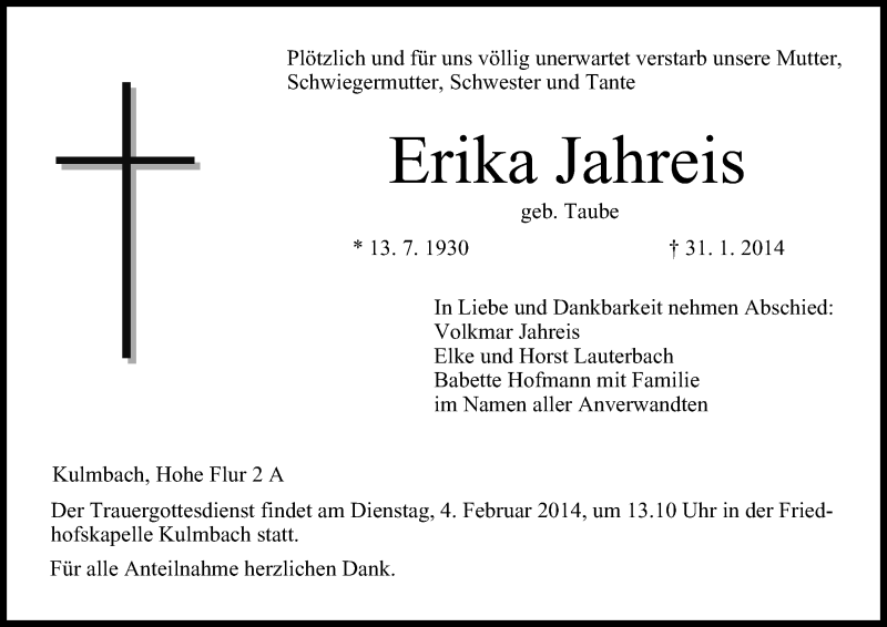  Traueranzeige für Erika Jahreis vom 03.02.2014 aus MGO