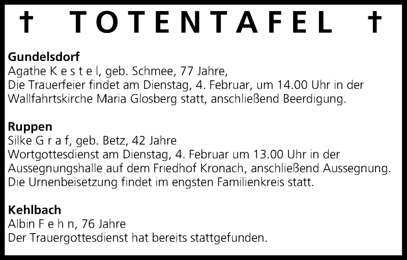  Traueranzeige für Totentafel vom 04.02.2014 vom 04.02.2014 aus MGO