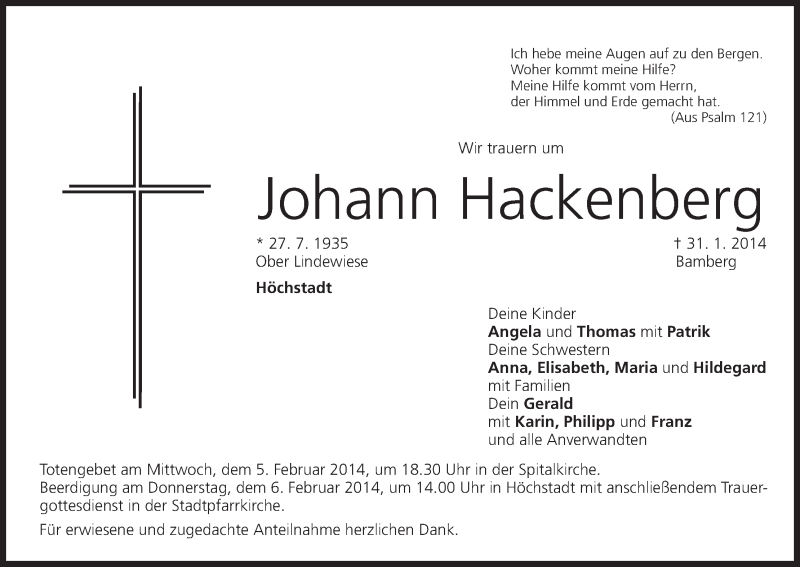  Traueranzeige für Johann Hackenberg vom 04.02.2014 aus MGO