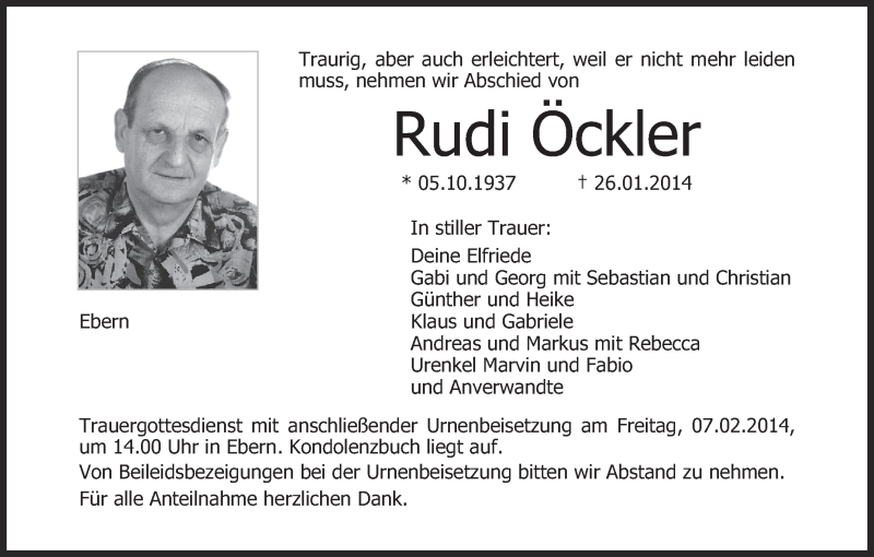  Traueranzeige für Rudi Ockler vom 05.02.2014 aus MGO