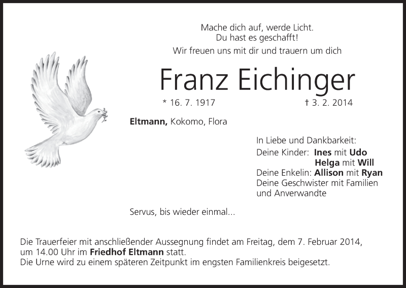  Traueranzeige für Franz Eichinger vom 05.02.2014 aus MGO