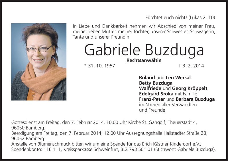  Traueranzeige für Gabriele Buzduga vom 05.02.2014 aus MGO