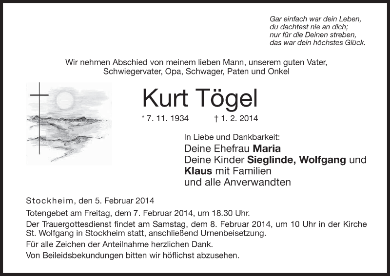  Traueranzeige für Kurt Tögel vom 05.02.2014 aus MGO