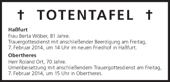 Anzeige von Totentafel vom 06.02.2014 von MGO