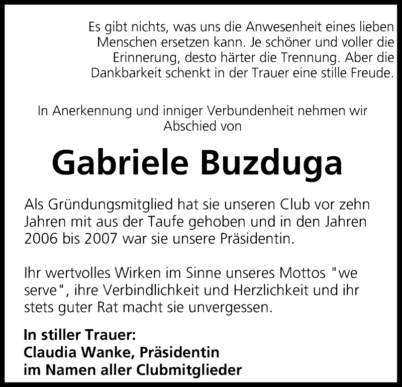  Traueranzeige für Gabriele Buzduga vom 06.02.2014 aus MGO