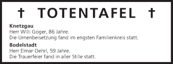 Anzeige von Totentafel vom 07.02.2014 von MGO