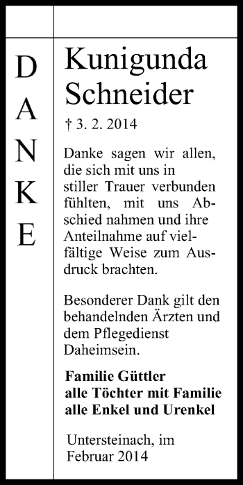 Anzeige von Kunigunda Schneider von MGO