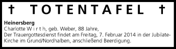 Anzeige von Totentafel vom 07.02.2014 von MGO