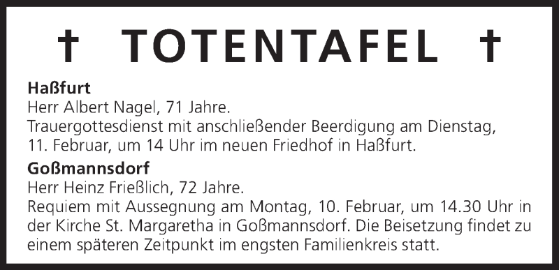  Traueranzeige für Totentafel vom 10.02.2014 vom 10.02.2014 aus MGO