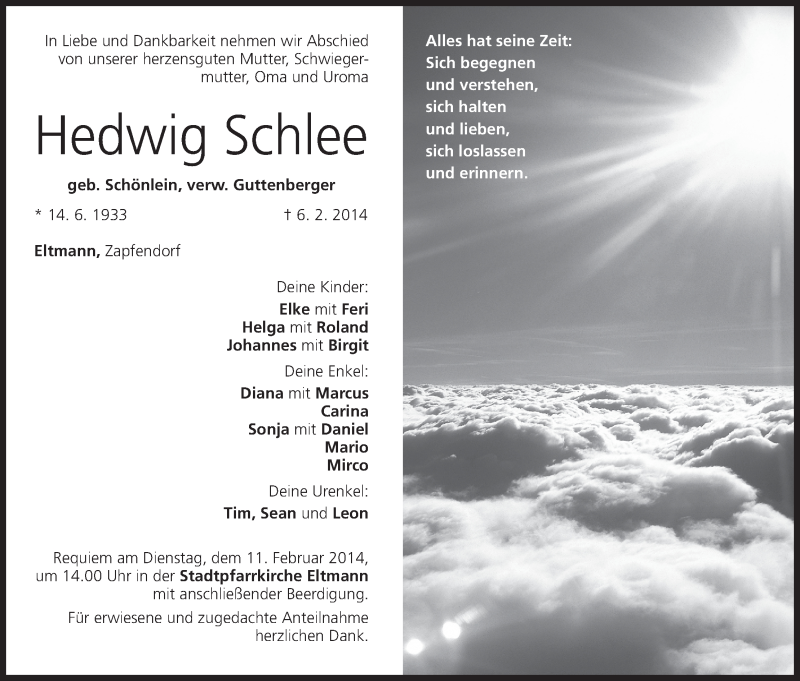  Traueranzeige für Hedwig Schlee vom 08.02.2014 aus MGO