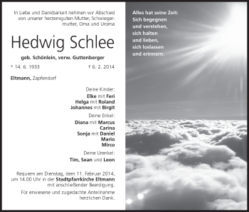 Anzeige von Hedwig Schlee von MGO