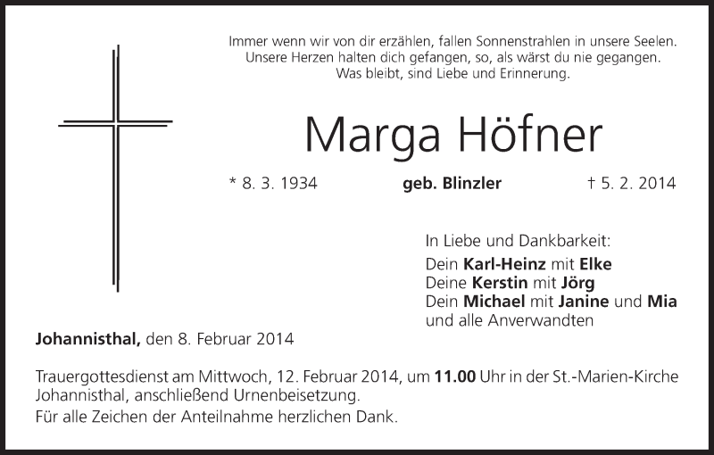  Traueranzeige für Marga Häfner vom 08.02.2014 aus MGO